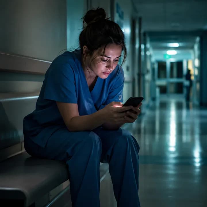 A nurse on her night break reading a group chat in a hospital corridor