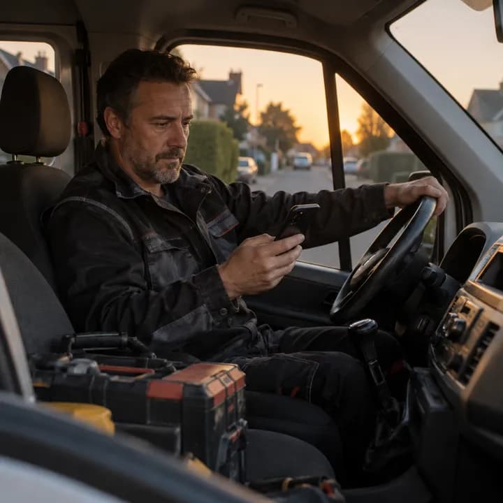 An electrician in his van checking a group chat at dusk