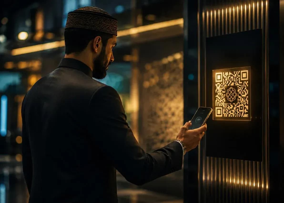 A man holding his phone up to a lit code on a wall, opening a Gate