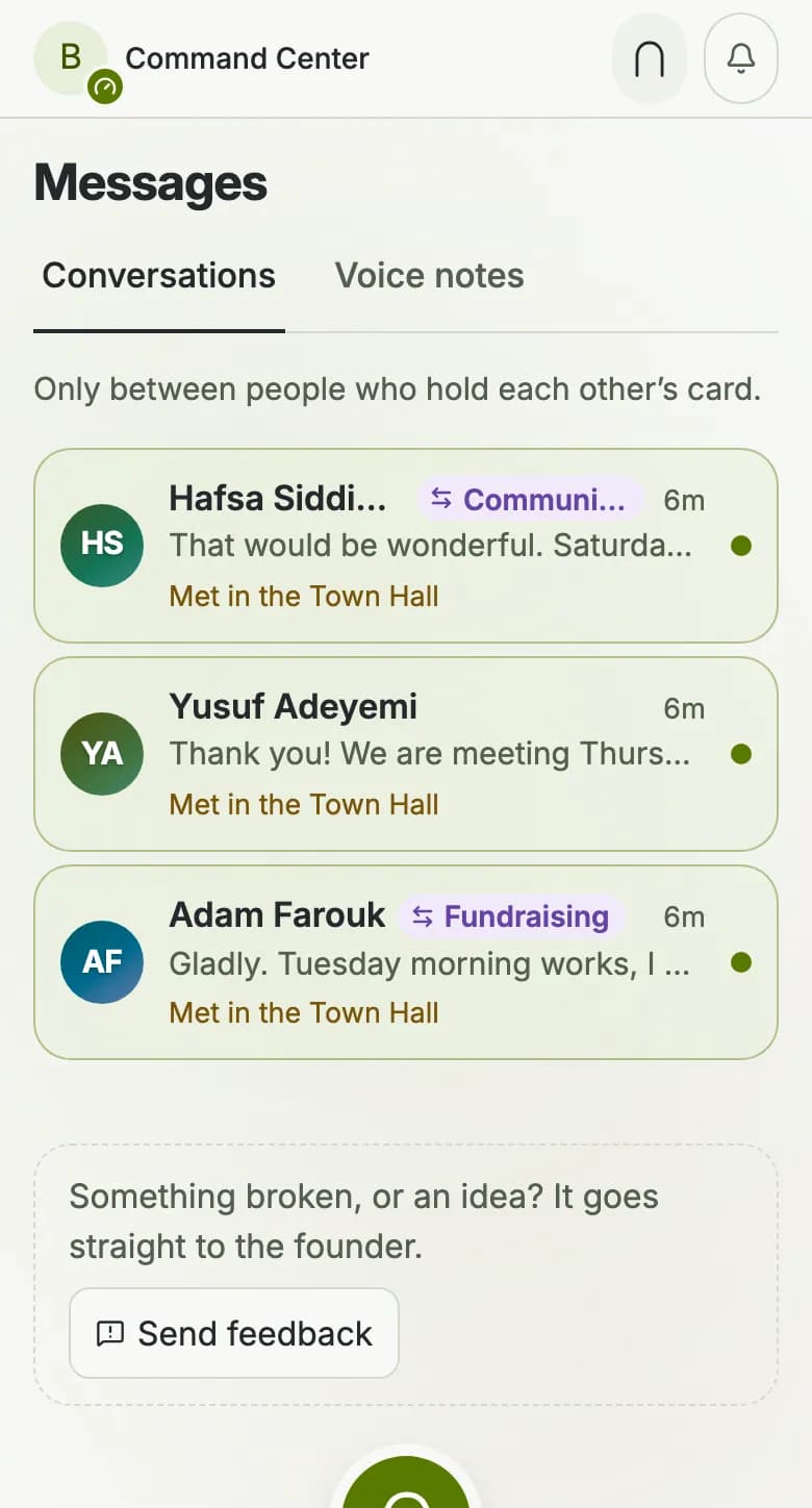 Messages: three conversations, each saying where you met