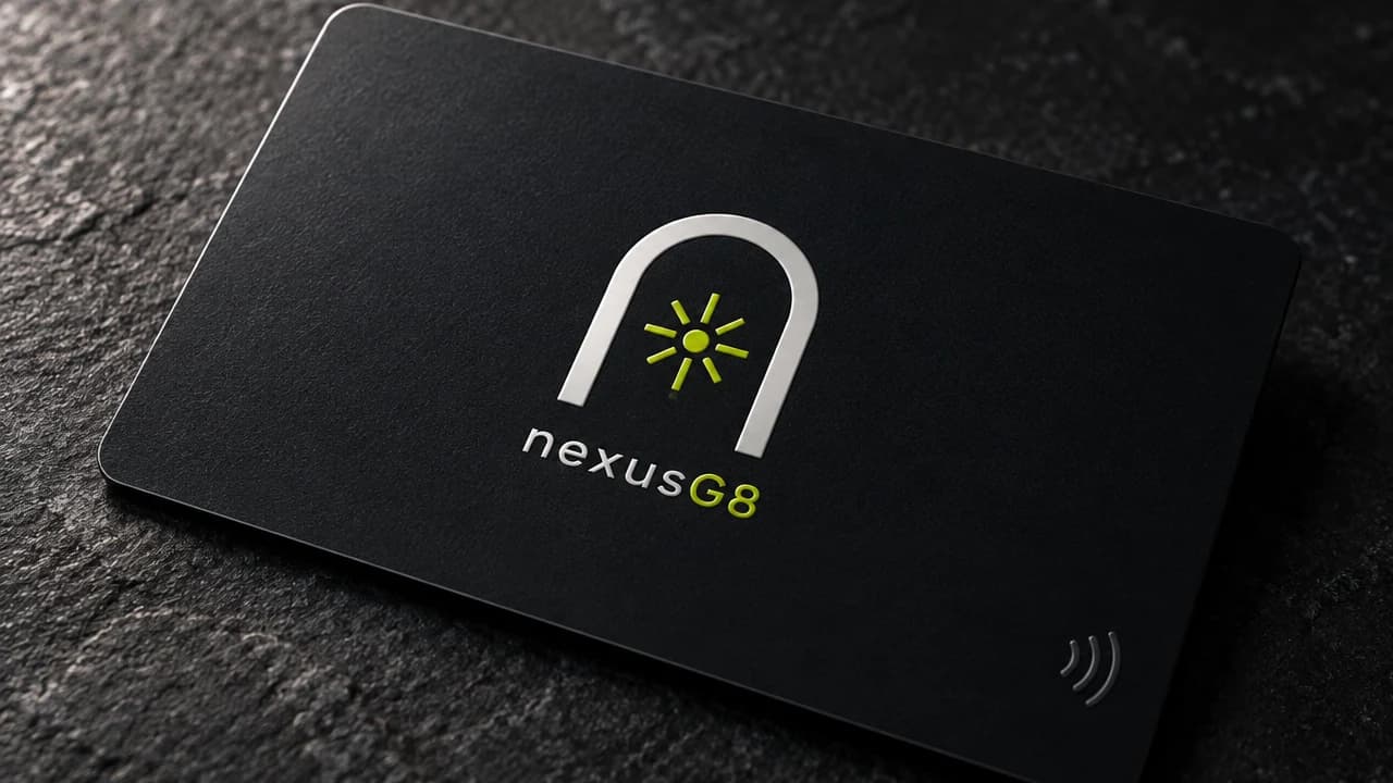 The NexusG8 card on its own: matte black, the arch and its spark