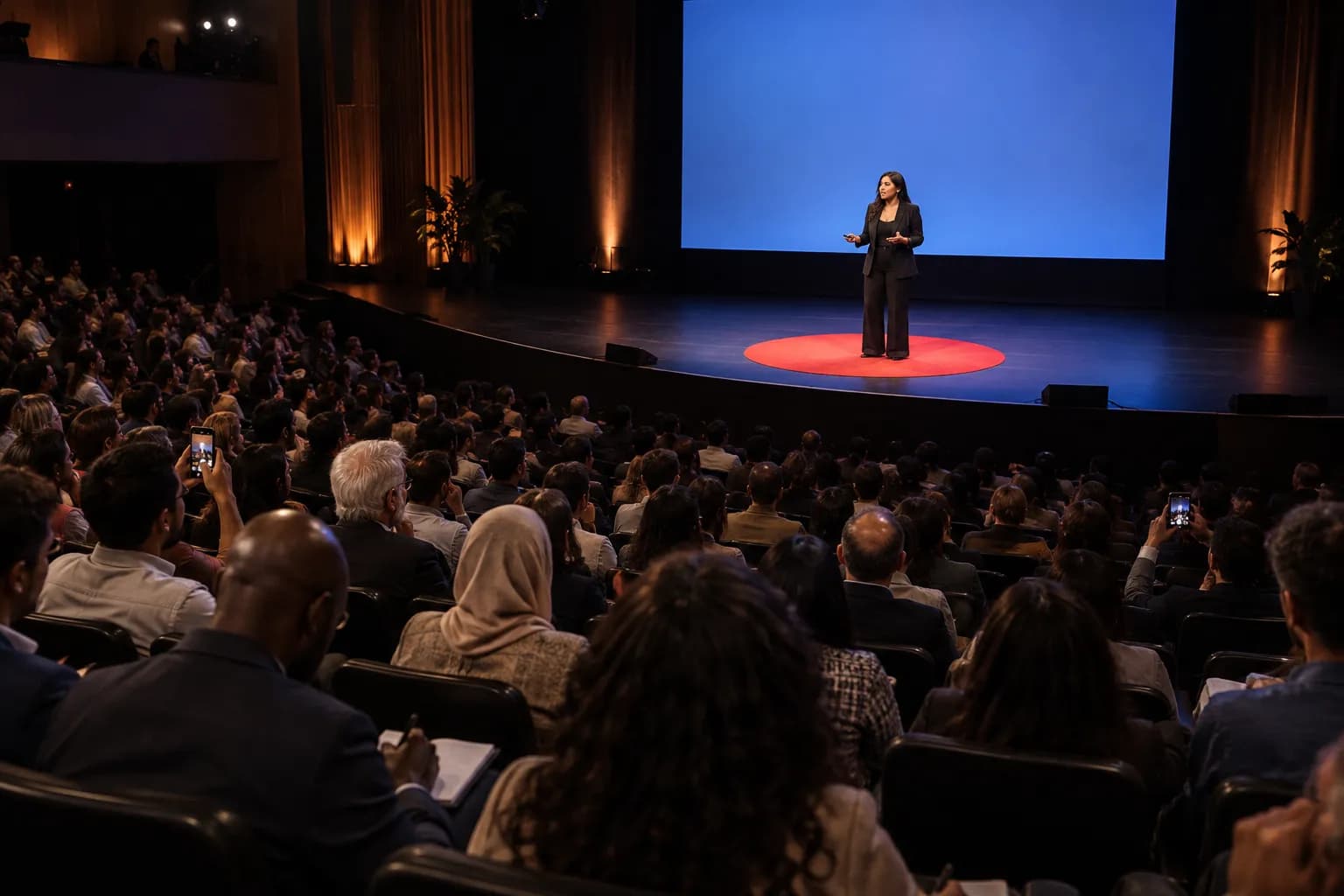 A full hall watching a speaker on a lit stage