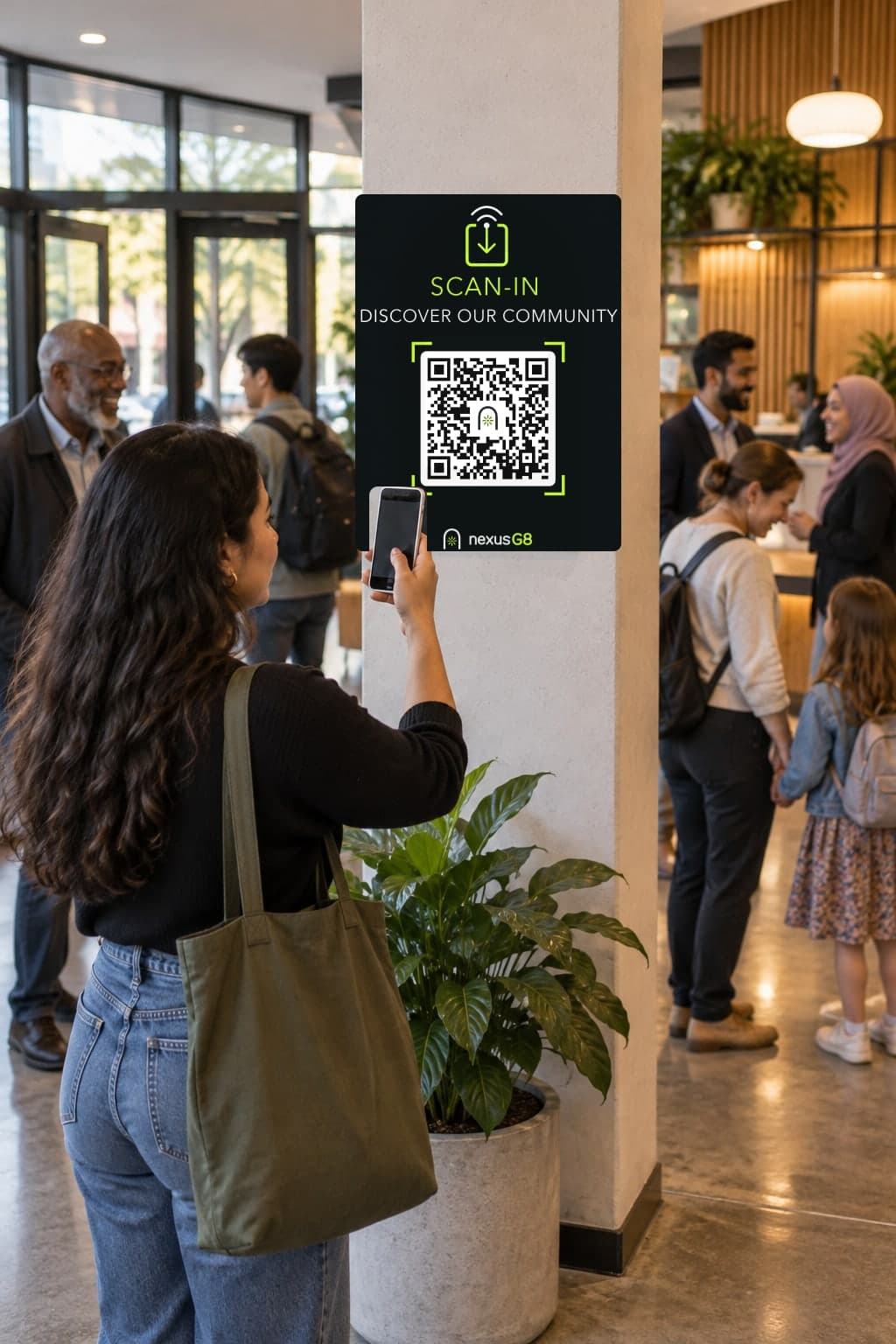 A woman scans the community’s code on a pillar in a busy lobby