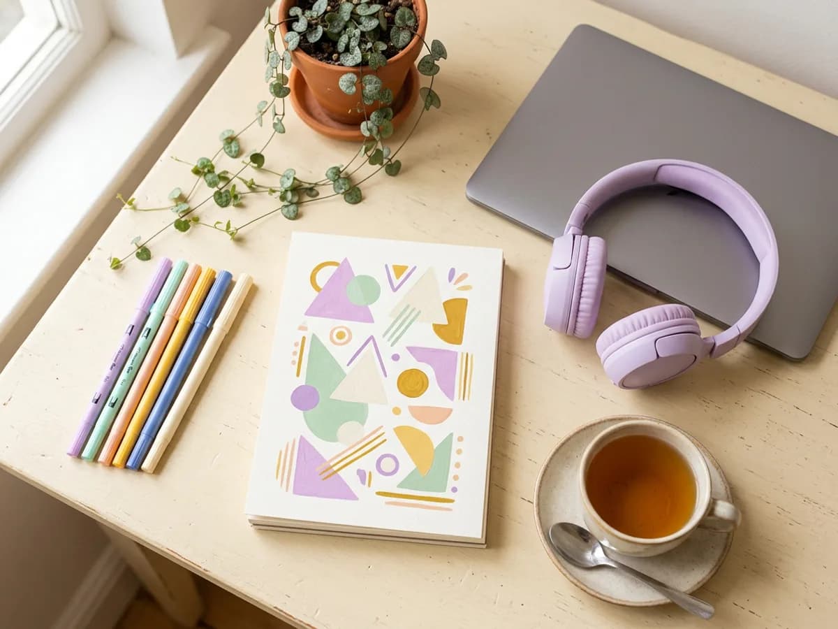 A sketchbook of pastel geometric shapes on a cream desk, beside brush pens, headphones and a cup of tea