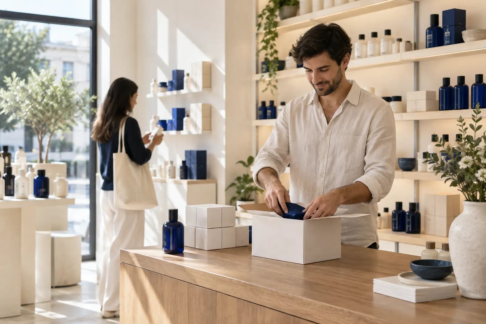 In a bright studio shop with cream and cobalt shelves of unlabelled products, a founder packs an order at a wooden counter while a customer browses
