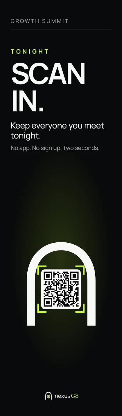 The screen at the door: Growth Summit, Tonight, Scan in, Keep everyone you meet tonight, No app, no sign up, two seconds, the code inside the gate with lime brackets, and the NexusG8 logo