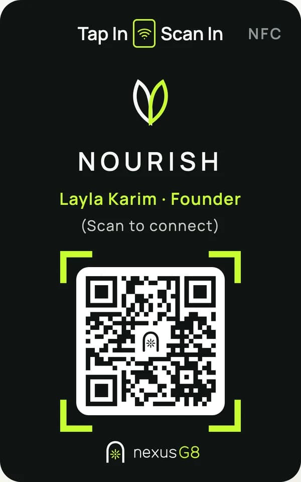 The table-top gate for Nourish: Tap In, Scan In, NFC, the Nourish leaf, Layla Karim, Founder, Scan to connect, a NexusG8 code inside lime brackets and the NexusG8 logo