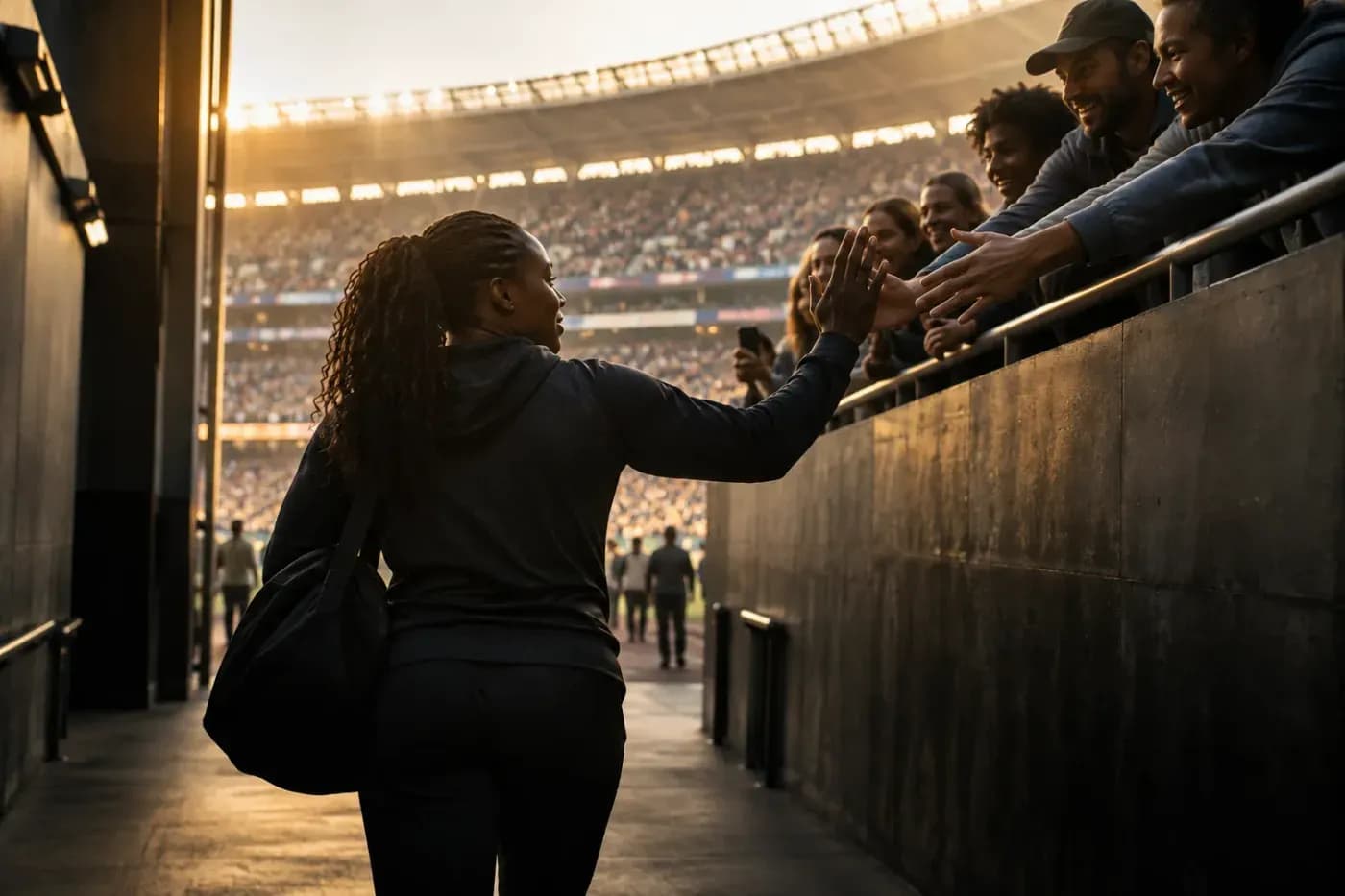 An athlete reaching up to fans in a stadium